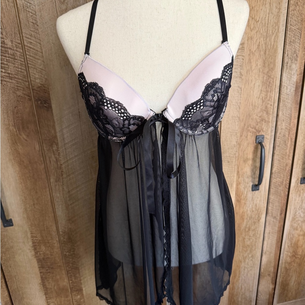 Jessica Simpson Black Sheer Babydoll Chemise with Pale Pink Cups and Lace